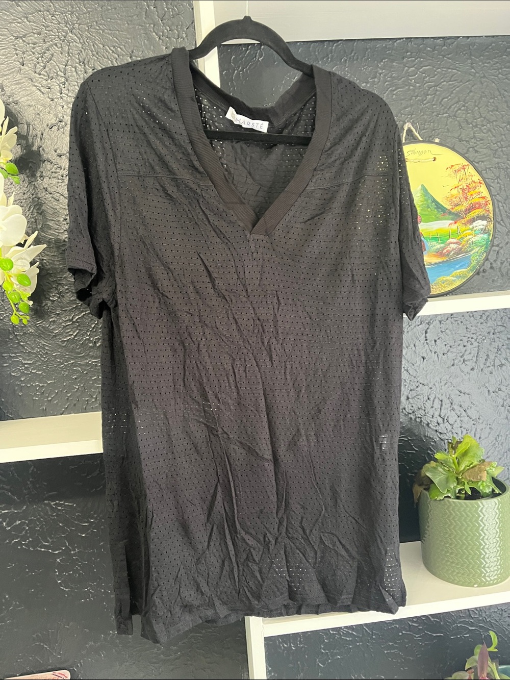 Women’s Black Perforated V-Neck Short Sleeve Tee by